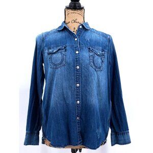 True Religion Button Up Shirt Women Extra Small XS‎ Blue Chambray Casual Western